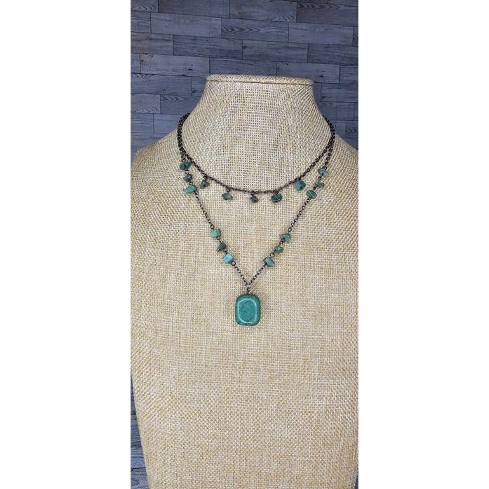 Natural Jadeite Layered Necklace Gun Metal Chain Large Square Pendant 14 1/2"L